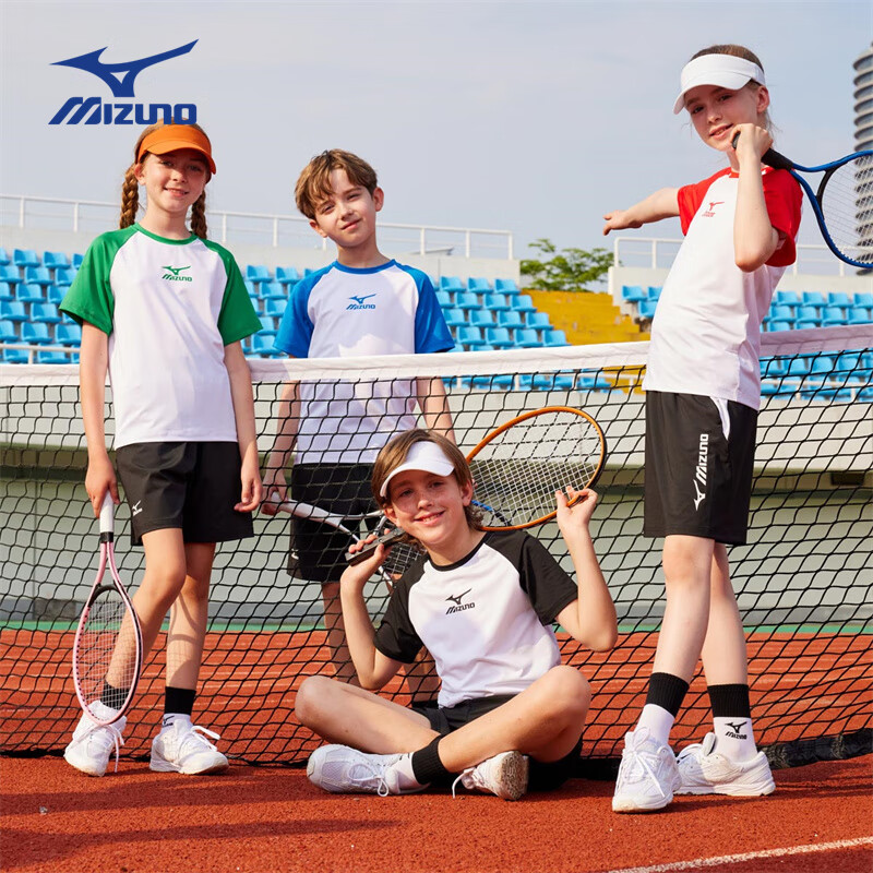 美津浓(MIZUNO)儿童运动套装透气男女同款2026年夏季新款速干运动T恤休闲短裤 黑白 TZ24230273 165 cm (建议身高160-165cm)