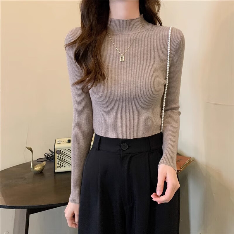 有只绵纯色半高领长袖毛衣女内搭打底衫春秋冬韩版百搭修身针织衫女上衣 半高领白色 均码【适合80-140斤】