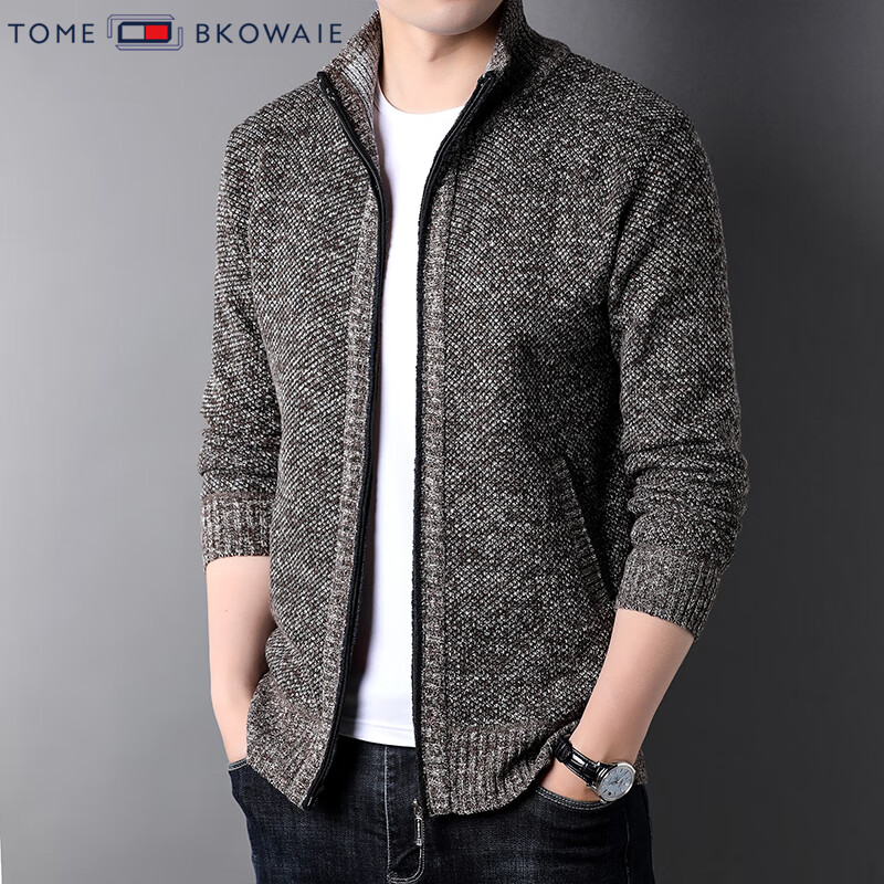 汤米芙兰可加绒加厚针织外套男2025年秋冬新款商务休闲保暖宽松毛衣开衫 驼色加绒 4XL （建议185-200斤）