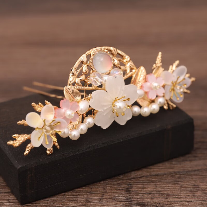 荷蓝珠汉服头饰古冠少女头冠古风发饰古装配饰顶钗发簪盘发头钗 发簪