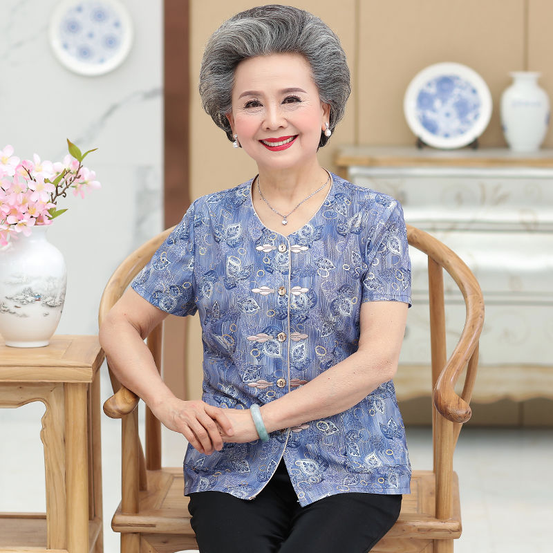 轻奢品牌老年人夏装冰丝套装衣服奶奶装短袖恤女妈妈衬衫岁老人上衣
