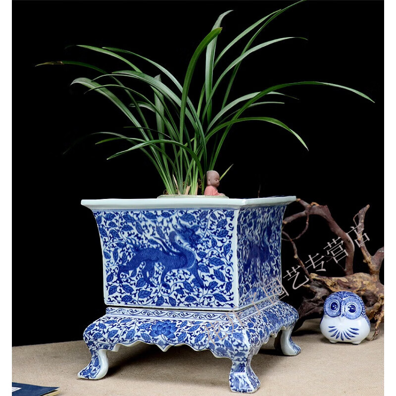 景德镇陶瓷手绘四角新中式高手绘青花瓷花盆麒麟罗汉松树盆景兰花