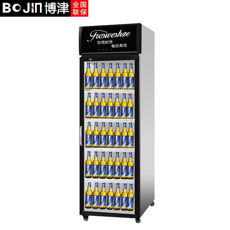 博津 展示柜冷藏柜保鲜柜商用立式双开门饮料柜冰柜大容量冰箱超市 黑色单门 直冷