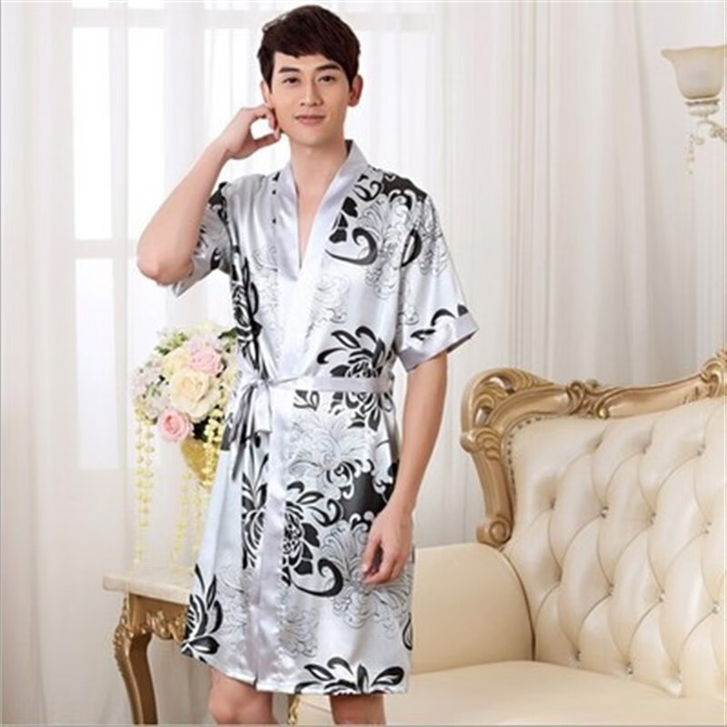 uhfr夏季薄款丝绸缎面情侣女士性感真丝睡裙睡袍浴袍大码男式丝绸睡衣