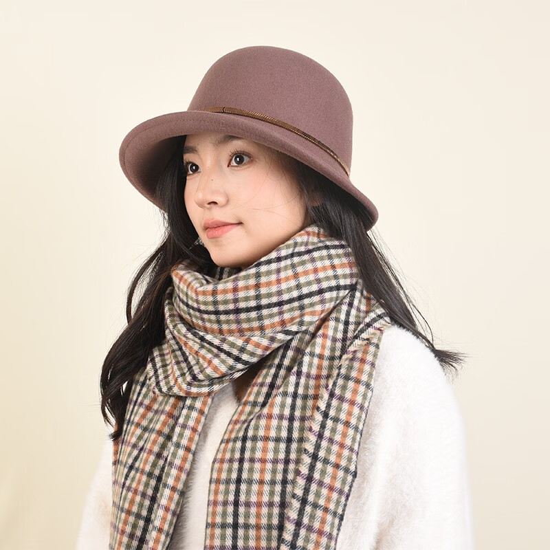 盛锡福2022年秋冬款羊毛大檐羽毛礼帽复古优雅百搭毛呢渔夫帽 亚麻色