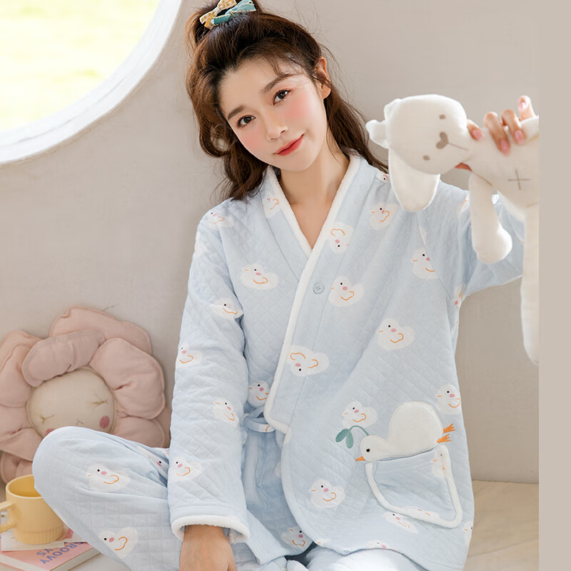 家の时光月子服春秋12月份11空气棉孕妇睡衣秋冬季里外纯棉哺乳产妇待产服 小蓝鸭 XL码 推荐145-160斤