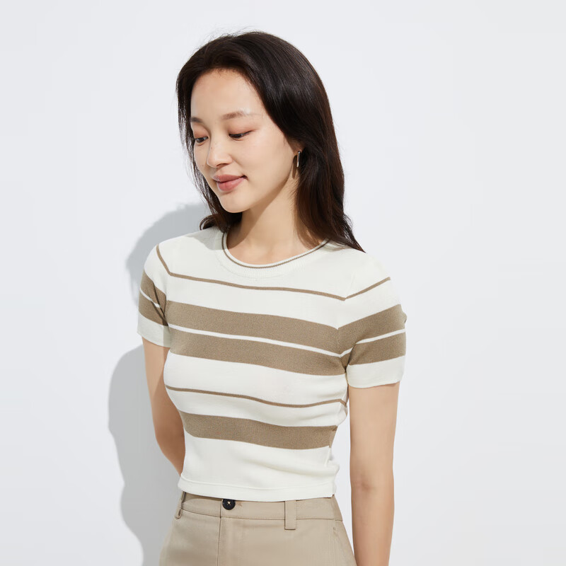 洛可可(rococo)2023早秋新品复古卡其条纹针织上衣短修身显瘦圆领短袖
