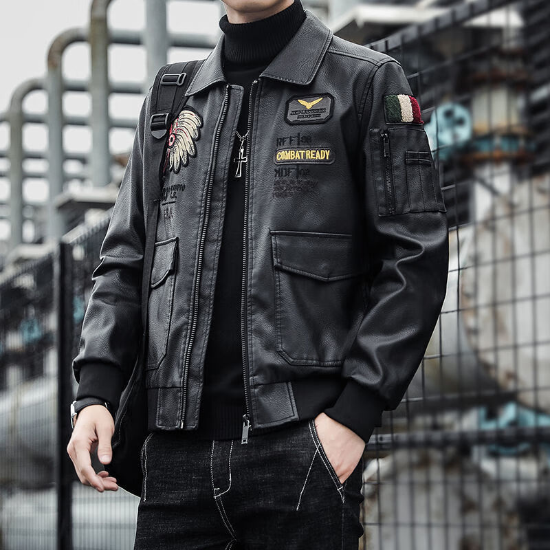 男士男士刺绣皮衣修身帅气皮夹克翻领机车皮衣飞行服皮夹克加绒皮衣男