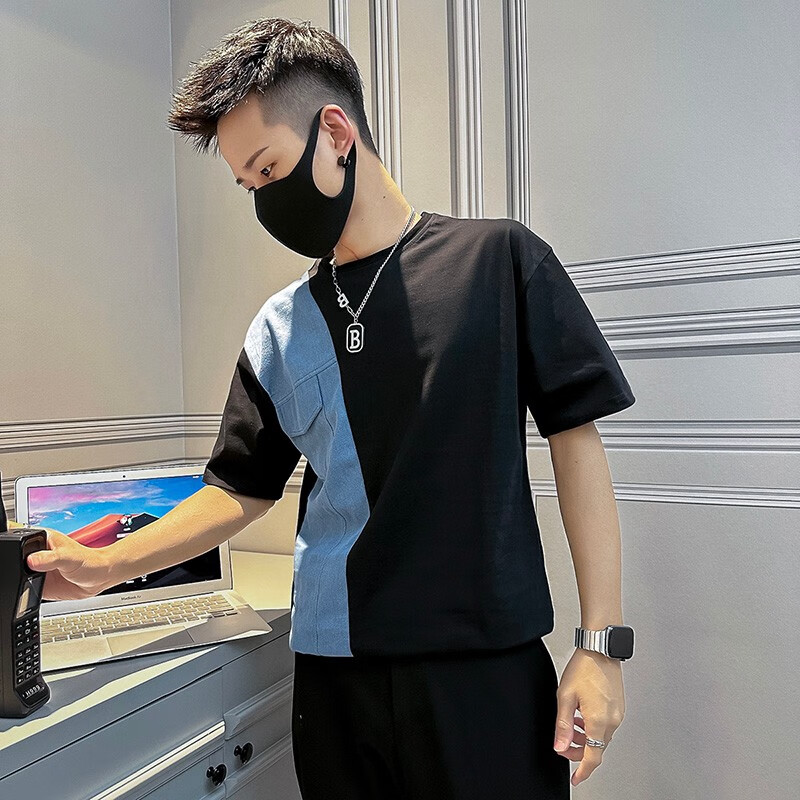 卡度顿les帅t小码短袖男矮个子潮流牛仔拼色打底衫s码xs号中性半截袖