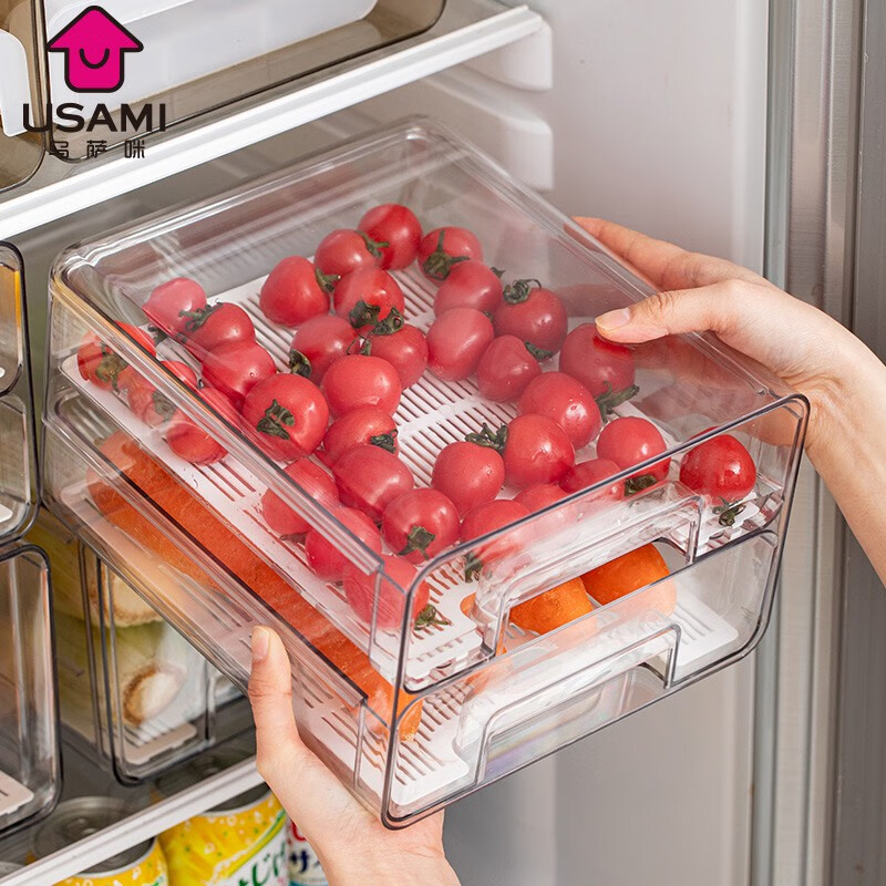 乌萨咪（USAMI）日本食品级保鲜盒多层抽屉式沥水收纳盒存储透明冰箱整理盒 双层【2.4L*2】
