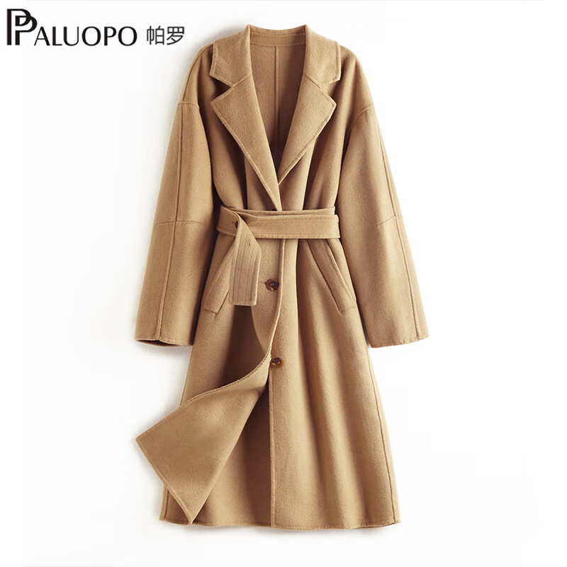 帕罗（PALUOPO）秋冬赫本风双排扣翻驳领毛呢大衣纯色系腰带收腰显瘦气质羊毛外套 45%羊毛123 S 155/80A