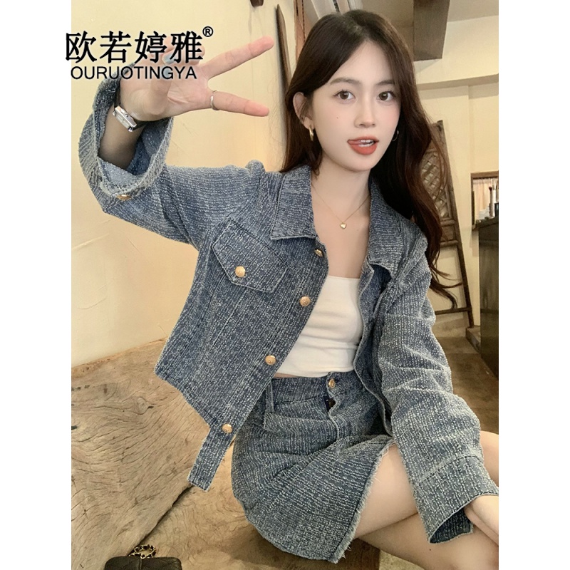 欧若婷雅23春秋新款小香风不规则牛仔外套装裙子韩版时尚气质小个子连衣裙 两件装 L怎么样,好用不?