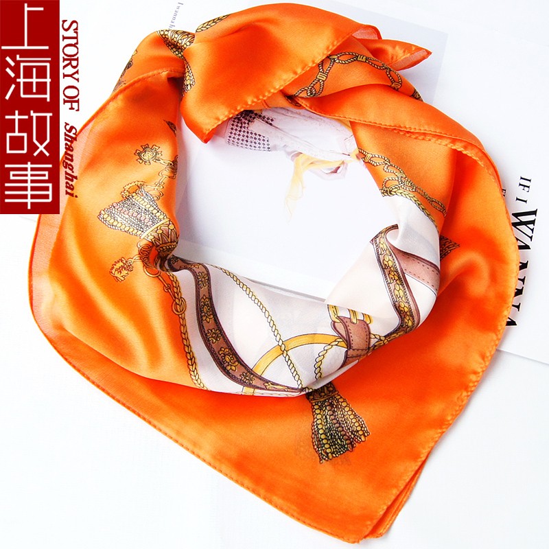 上海故事丝巾女小方巾围巾夏季薄款空姐百搭职业领巾围脖橘色藏蓝链条