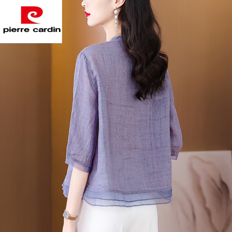皮爾卡丹（pierre cardin）刺繡苧麻襯衫女2023夏季新款氣質(zhì)亞麻開(kāi)衫休閑寬松七分袖棉麻上衣 紫色上衣 M (建議110斤內(nèi))