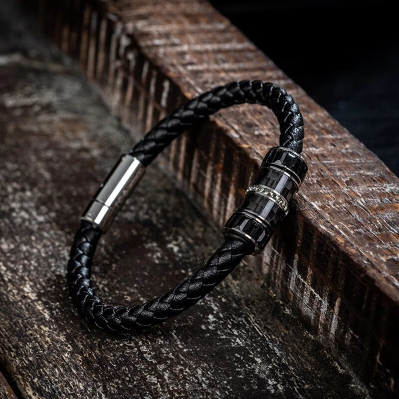 佩曼  男生黑色手链欧美潮流施家同款皮绳手链珠编织手环情侣礼物男