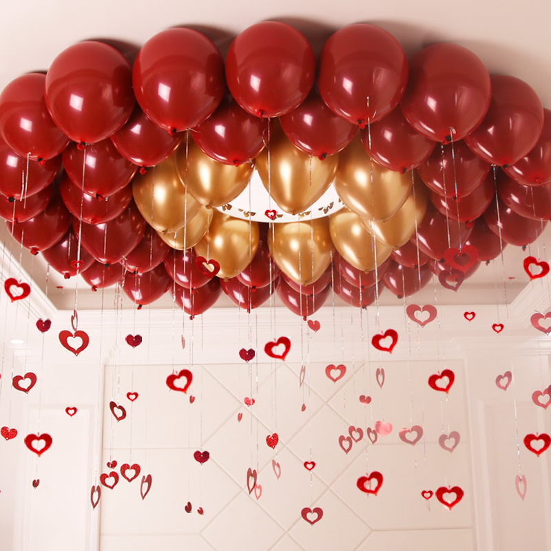 京唐 结婚气球布置雨丝吊坠 红色气球生日婚庆场景布置 双层红色配金色气球套装配气筒