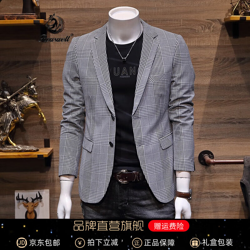 rowswell国潮品牌男士西服秋季新款韩版潮流修身青年帅气格子休闲西装
