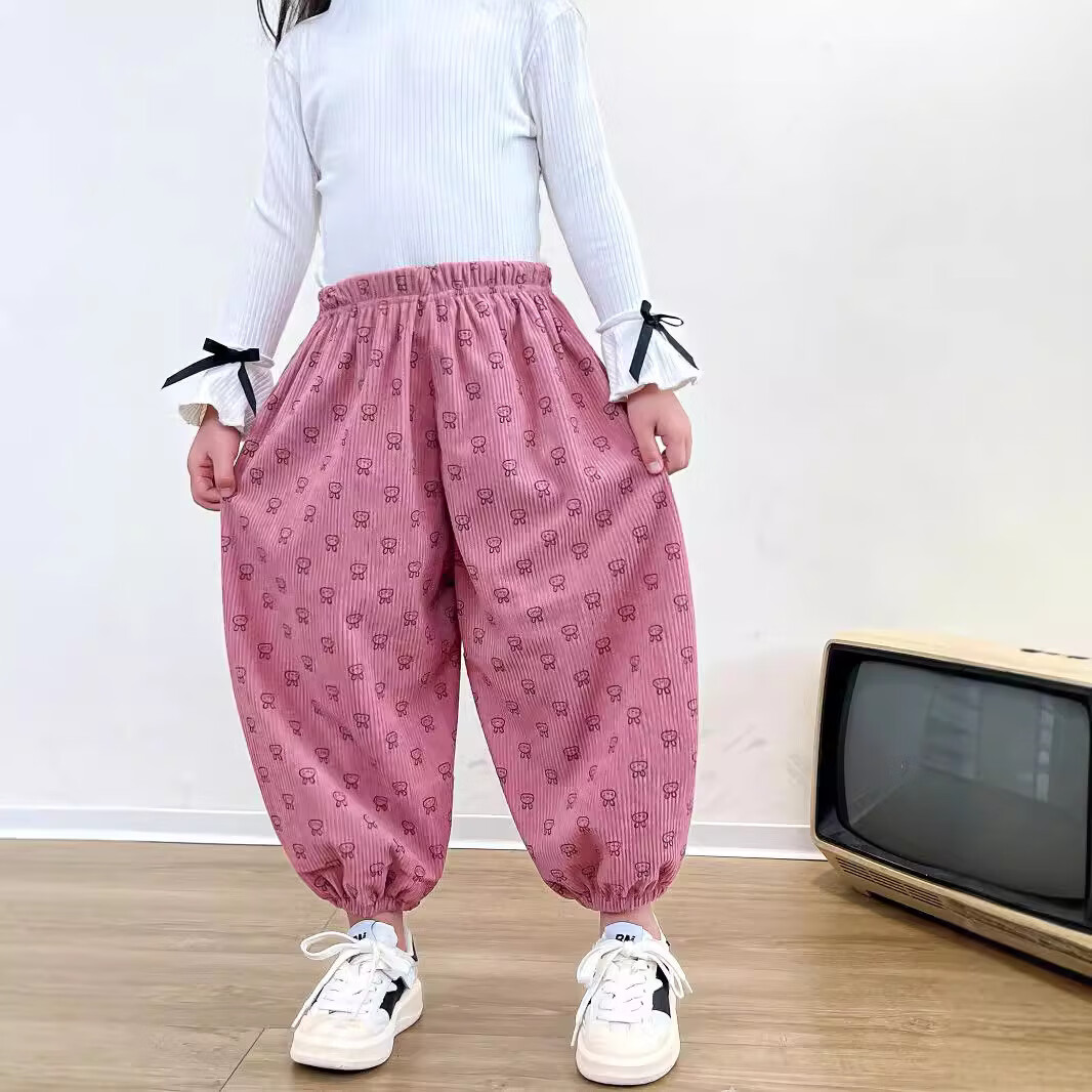 拥抱熊秋季儿童新款运动裤灯芯绒休闲裤童裤卫裤男女童宽松韩版哈伦裤潮 灯芯绒米碎花 120 cm