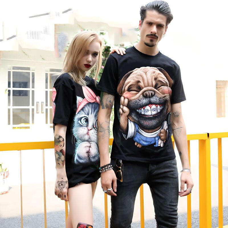 井承  春夏新款3d图案t恤潮牌狗图案短袖情侣装动物图案印花 黑色
