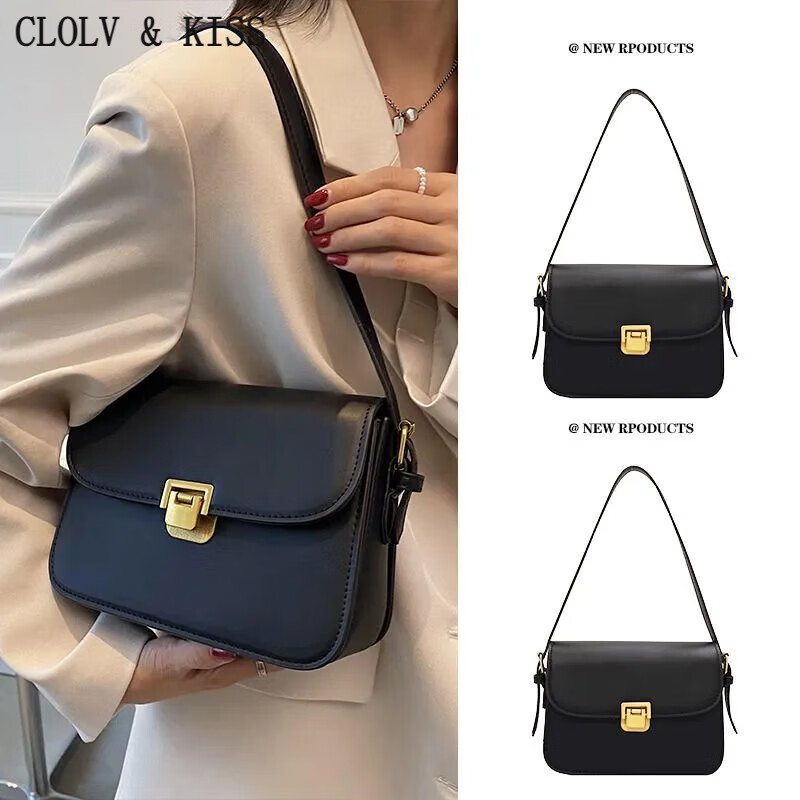 clolv kiss感小包包时尚新款2024质感小众斜挎包女士单肩小方包 黑色