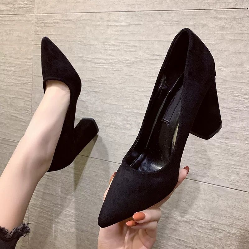 静艺宣黑色高跟鞋女粗跟尖头职业性感ol韩版百搭工作单鞋春秋新款