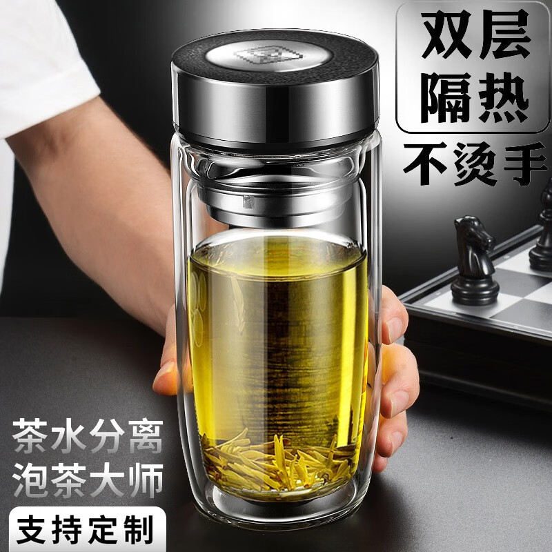 玻璃杯加厚高档泡茶车载水杯子男女式商务测温密封 普通钢盖款 300ml