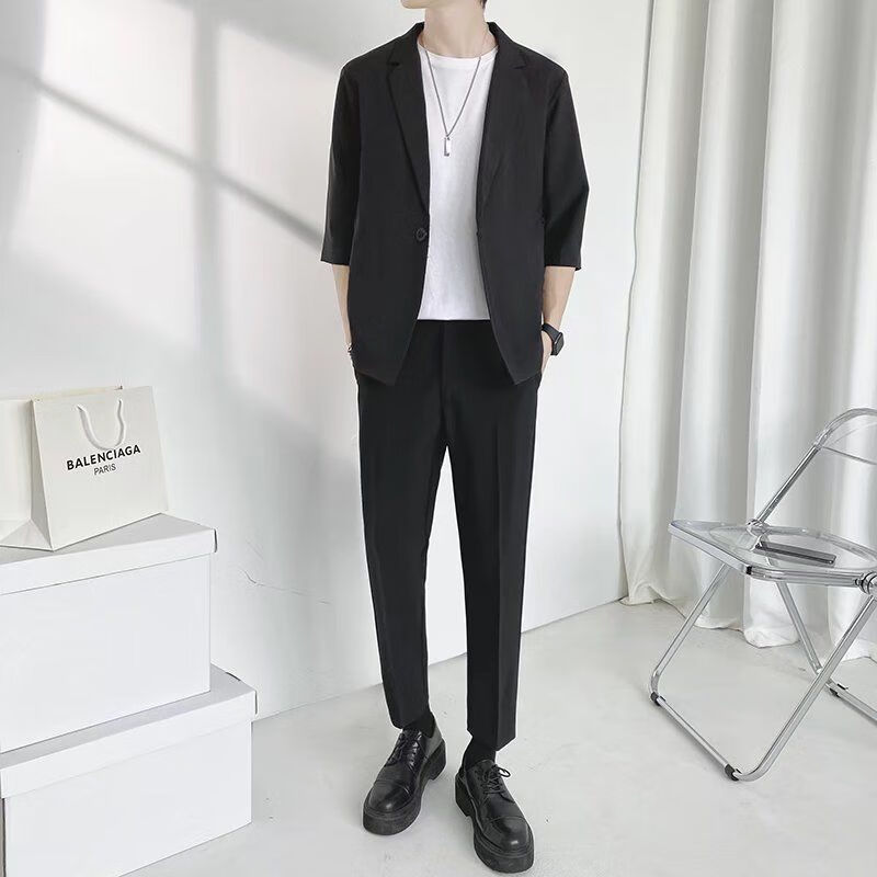hiwish秋季成熟男人的上衣韩版便携西服男七1分袖休闲小西服套装宽松