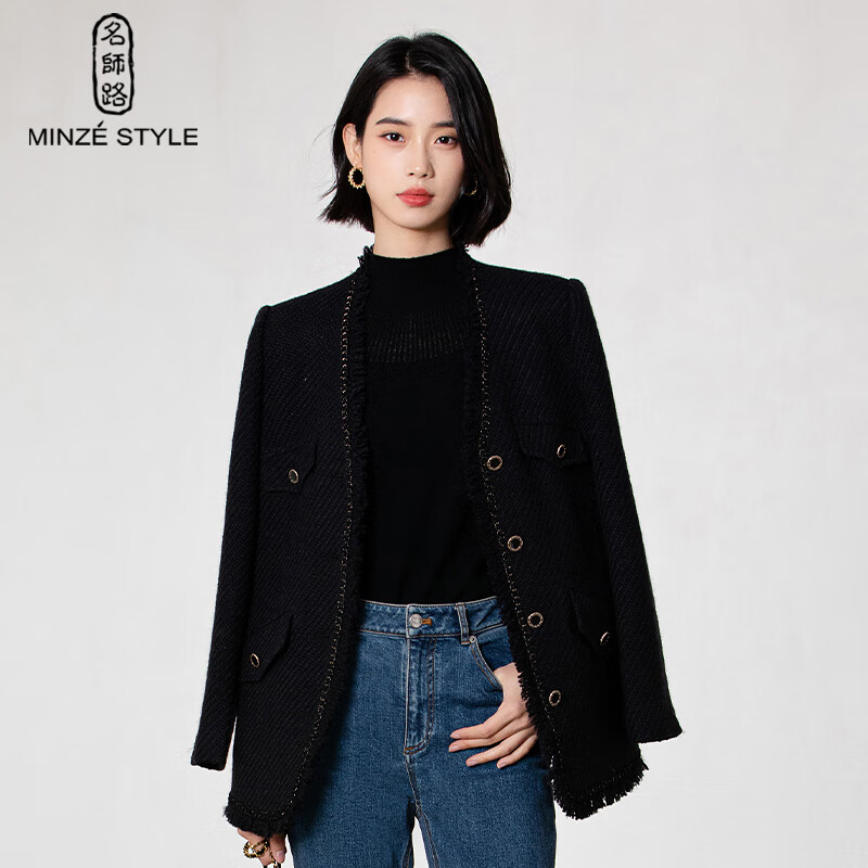 名师路优雅毛呢大衣冬季新款法式箱型小香风纯色韩版保暖时尚女外套 黑色88 M
