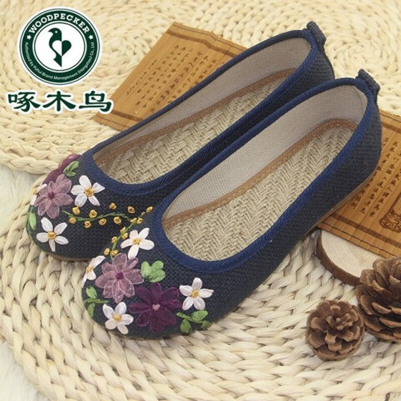 啄木鳥(niǎo)春夏布鞋女單鞋民族風(fēng)繡花鞋女軟底孕婦鞋亞麻大碼媽媽單鞋 藍(lán)色 38