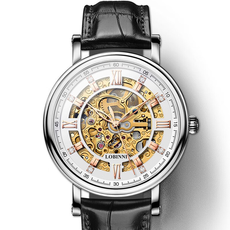 罗宾尼(lobinni)手表男士全自动机械表镂空时尚潮流防水皮带瑞士风格