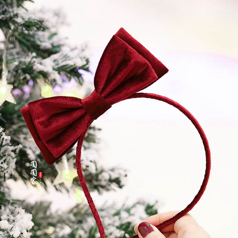 复古儿童丝绒双层蝴蝶结发箍包布宝宝头箍发饰小女孩头饰 酒红色
