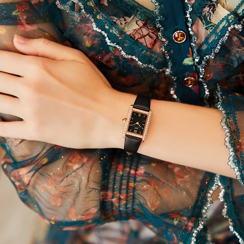 爱沃驰瑞士达芬奇系列经典校园风石英手表女士表七夕生日礼物送女友 玫金壳黑面|黑皮带