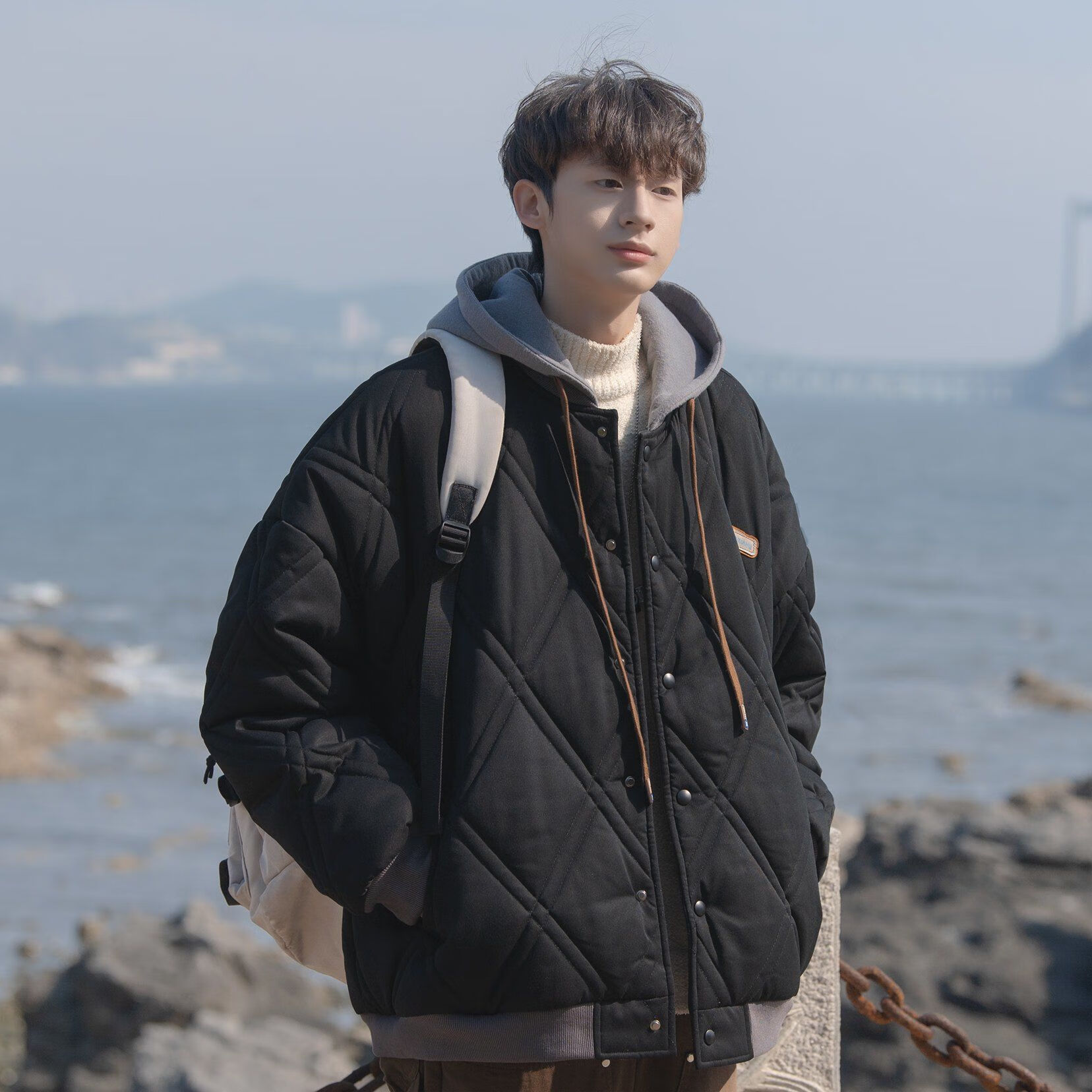 wait await13岁15岁学生穿冬天衣服男外套假两件日系棉服冬季加1厚