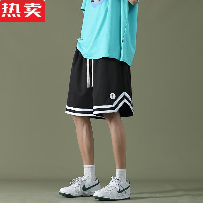 木兰旅篮球运动短裤男夏季速干美式沙滩裤子宽松冰丝休闲五分裤 黑色