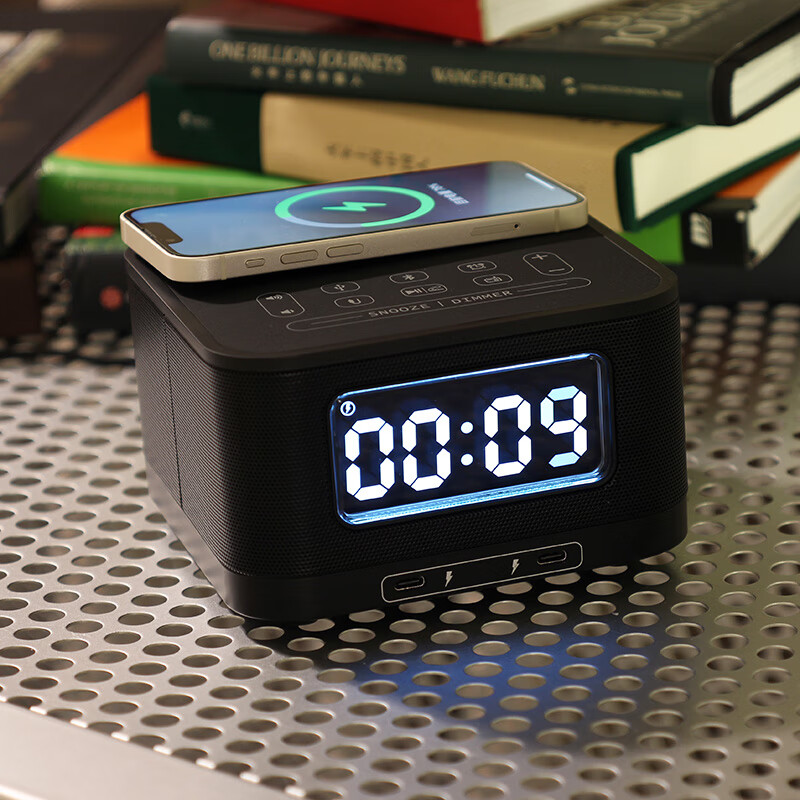 美时（homtime） HS1-PD无线充电蓝牙音箱闹钟音响USB收音机酒店民宿桌面时钟多功能卧室床头手机15W无线充电器 黑色（插电源使用）