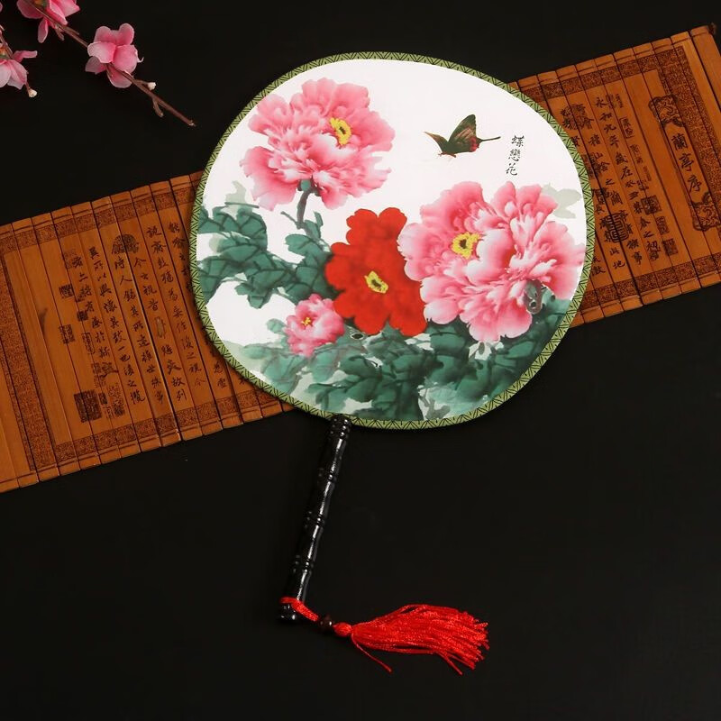 mathderay双面大号精品宫扇 古典舞蹈演出圆扇 鸟语花香牡丹花绘团扇