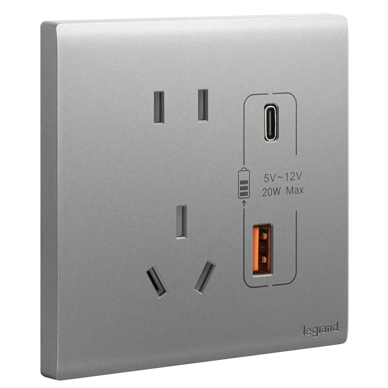 罗格朗 开关插座面板简悦深砂银多孔家用五孔86型暗装5孔墙壁电源电脑插 Type A+C USB充电插座 20W