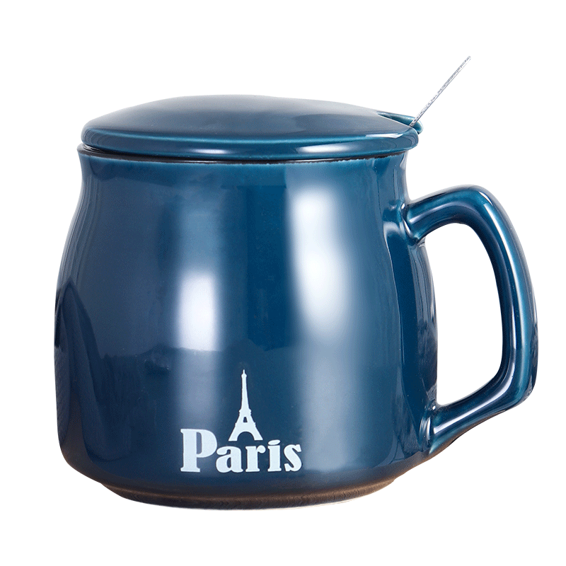 Beisesi 贝瑟斯 办公室喝水杯子咖啡杯套装陶瓷茶杯马克杯带盖带勺早餐杯蓝色