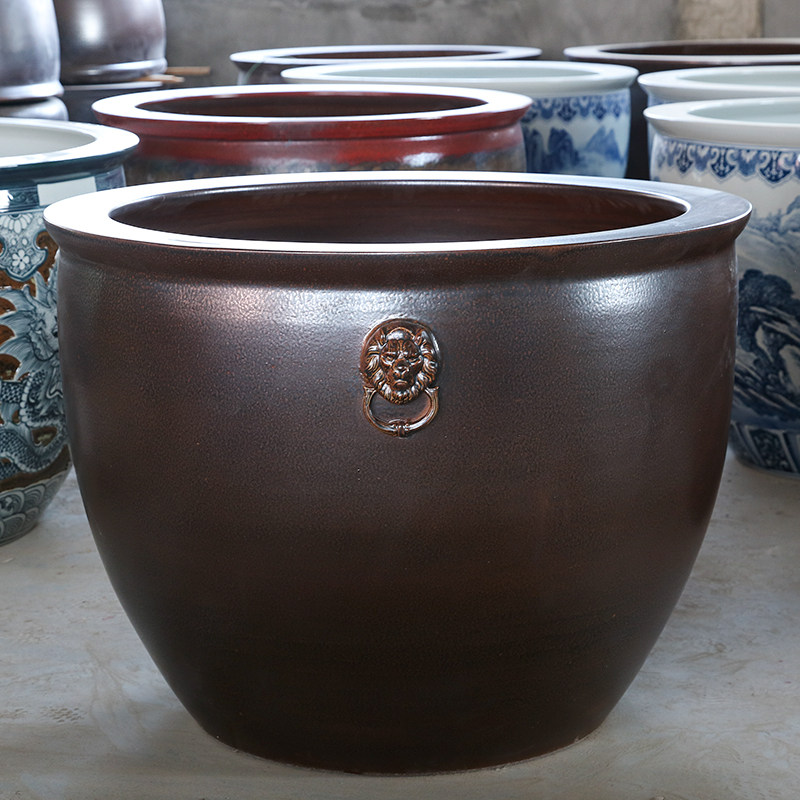 瓷工宅 景德镇陶瓷大缸养锦鲤金鱼缸仿古特大号荷花缸庭院大水缸狮耳