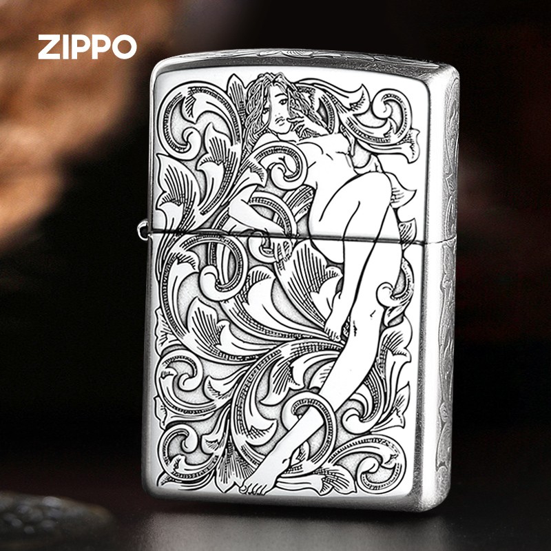 zippo煤油打火机纯银 美国原装 唐草仙子煤油防风 男士 精雕五面定制