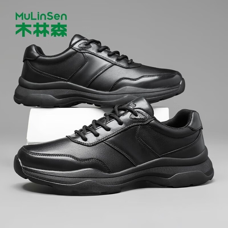 木林森品牌专卖真皮厚底运动皮鞋男秋季新款男鞋超轻便软底软面户外鞋子 黑色 41