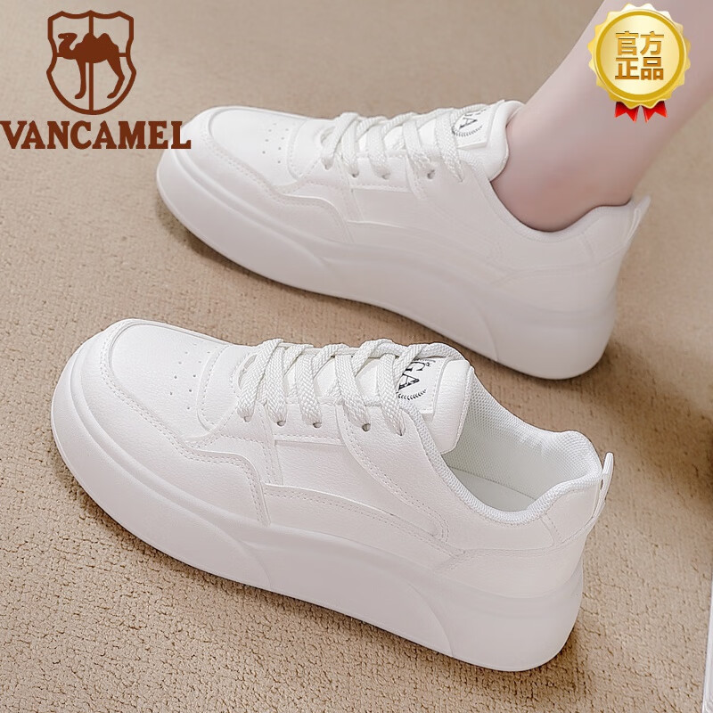 西域骆驼(vancamel)品牌中青年女士单鞋真皮小白鞋款新款轻便防滑增高