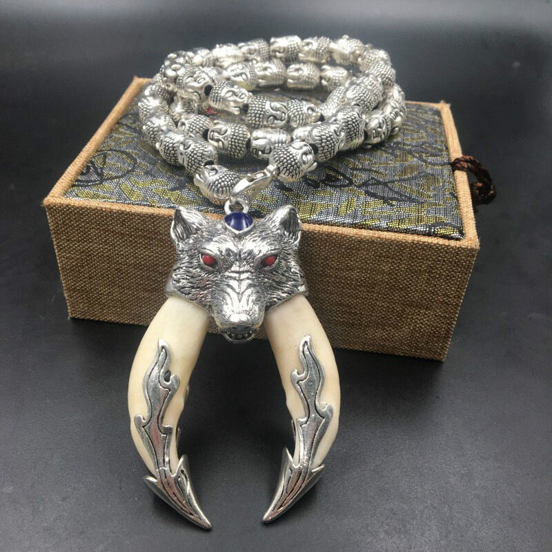 飞鹅 狼牙吊坠项链 狼狗牙双牙包银男士本命年礼品佛头链 图片色