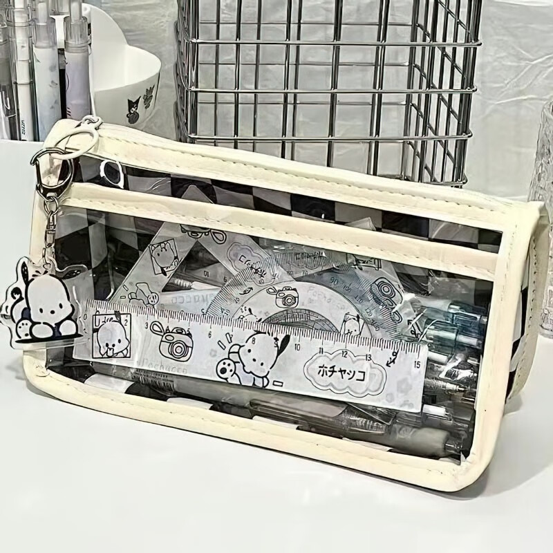 礼兴裔高颜值棋盘格笔袋大容量简约透明文具袋学生小众铅笔盒 【笔袋+套尺4把】