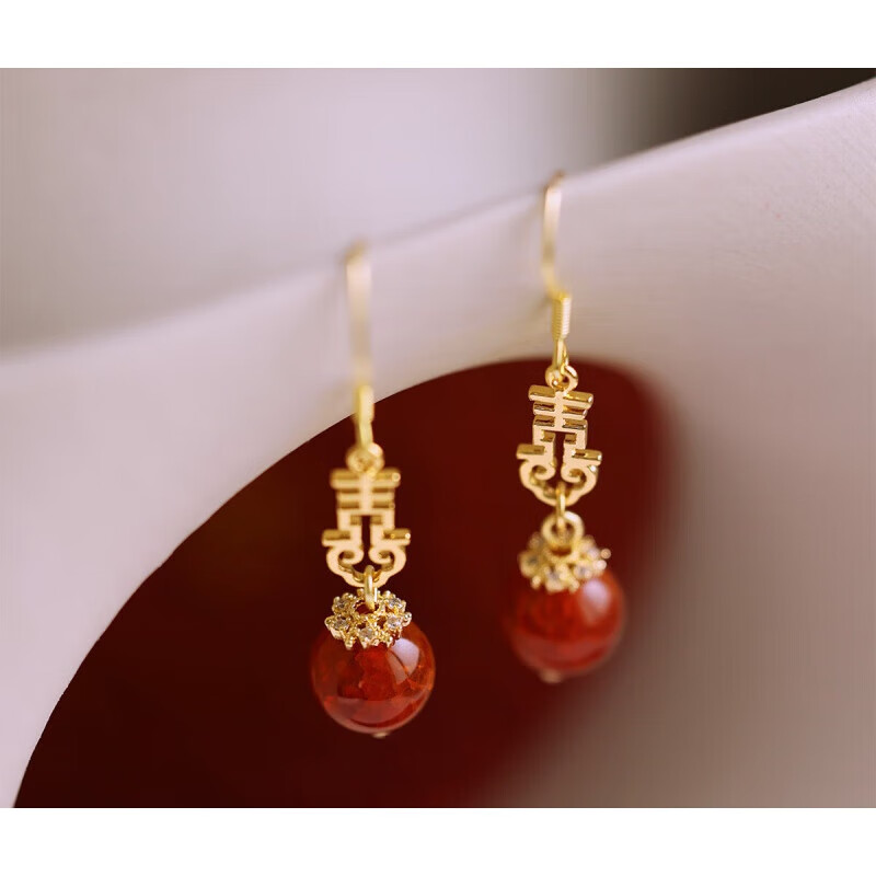 诗栀o玛瑙喜字结婚婚纱新娘配敬酒服红色婚礼耳环耳夹耳钉耳饰耳坠 龙