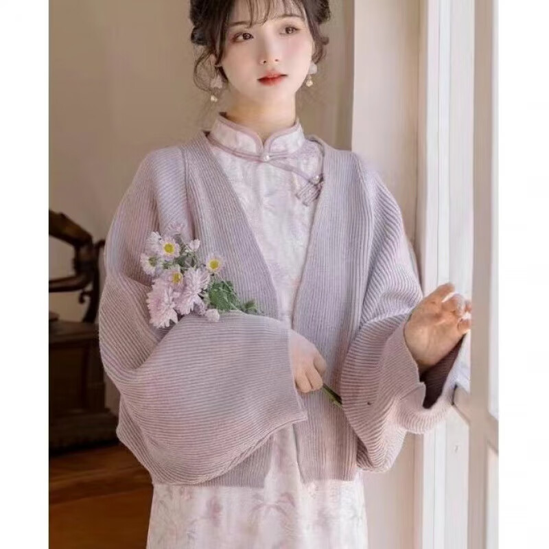 雷黛茜明月松间 V领国潮复古汉素旗袍针织开衫女长袖毛衣外套民国国风 紫色 风信紫版 S 建议95斤以内