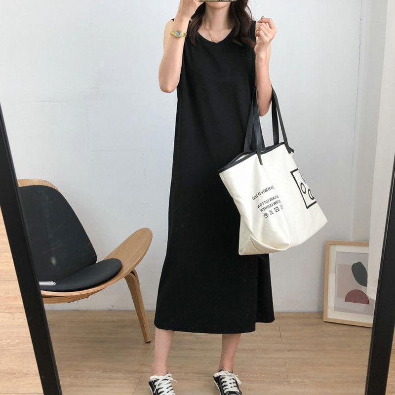 纤晟伊冰丝背心吊带睡裙女夏季可外穿家居服睡衣连衣裙宽松显瘦中长款 黑色 M 推荐80-100斤