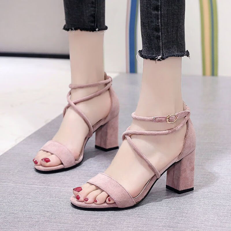 莱伸意夏季绑带绑腿高跟凉鞋女夏中跟粗跟一字扣带学生韩版百搭罗马