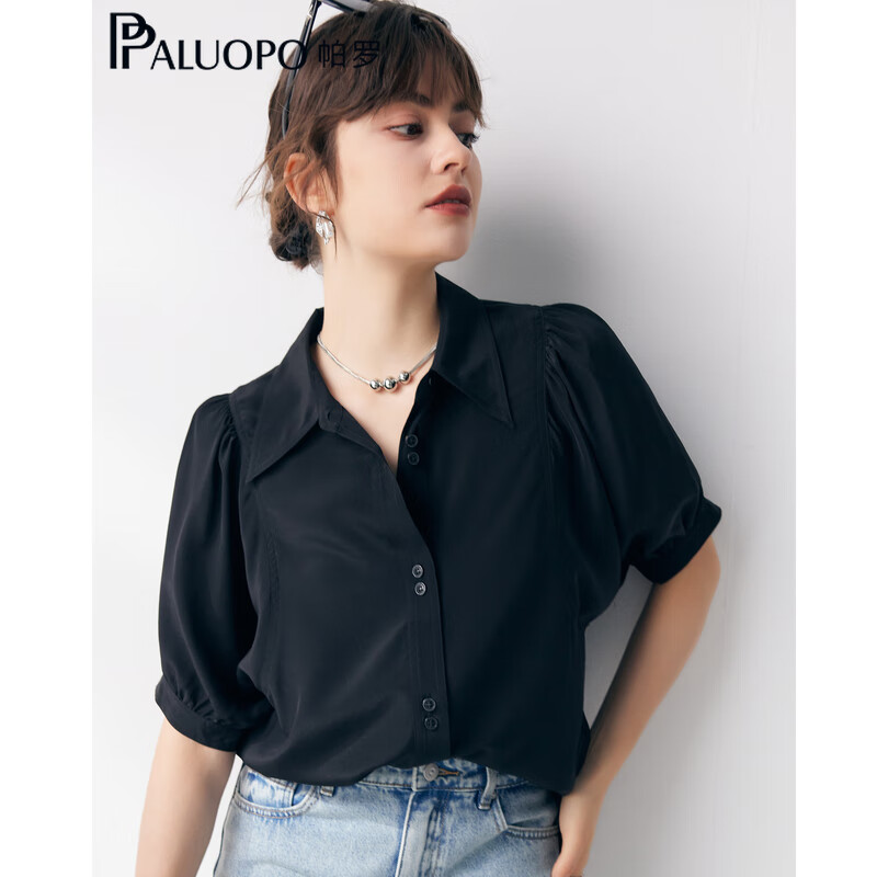 帕罗（PALUOPO）【慵懒气质】夏季季真丝衬衫领质感纯色泡泡袖桑蚕丝女士上装衬衣 黑 M (160/84A)