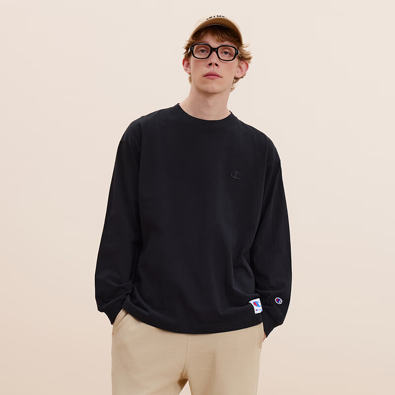 Champion冠军长袖T恤男圆领纯棉打底上衣简约宽松潮牌舒适 黑色 L
